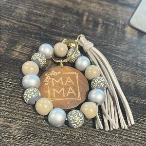 Mama Wooden Beaded Bracelet Keychain with Tassel & Thick Charm Gray & Silver